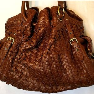 EUC Cole Haan Large Brown Leather Woven Shoulder Bag